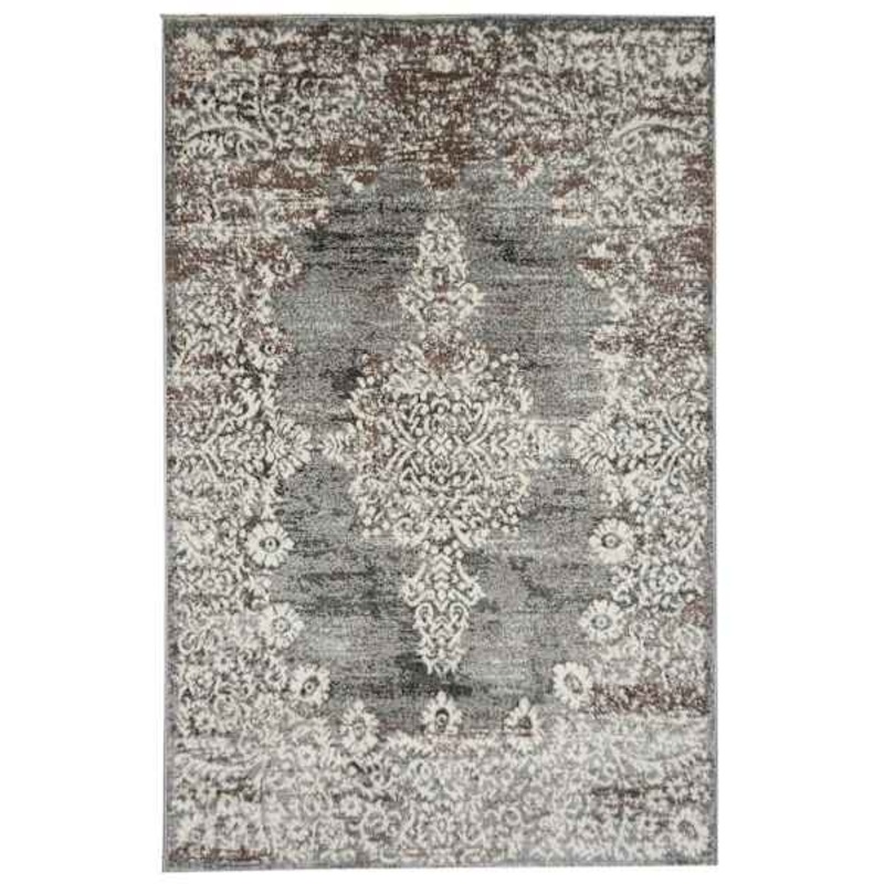 (D393) Grey & White Antique Medallion Accent Rug, 3×5