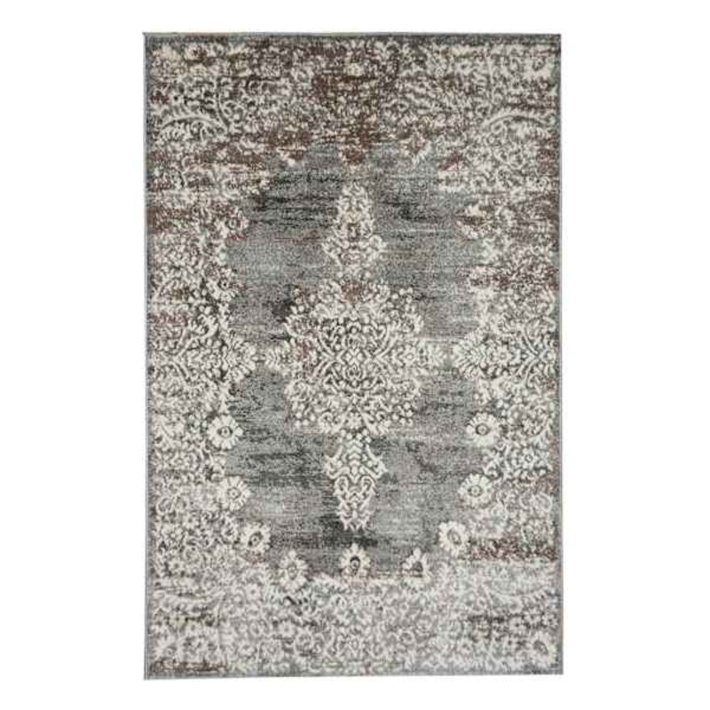 (D393) Grey & White Antique Medallion Area Rug, 5×7