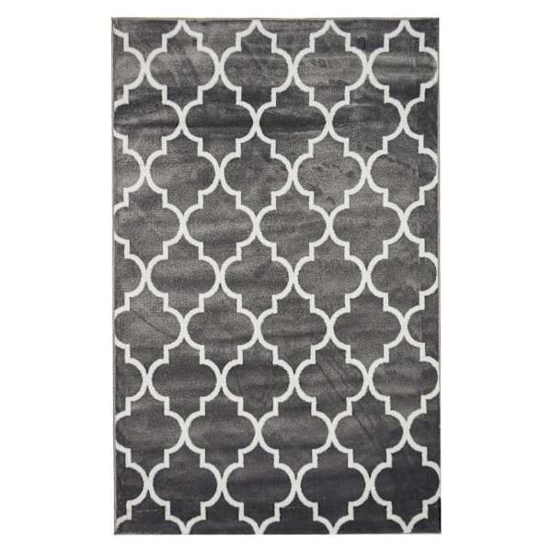 (D394) Dark Grey & White Quatrefoil Design Area Rug, 5×7