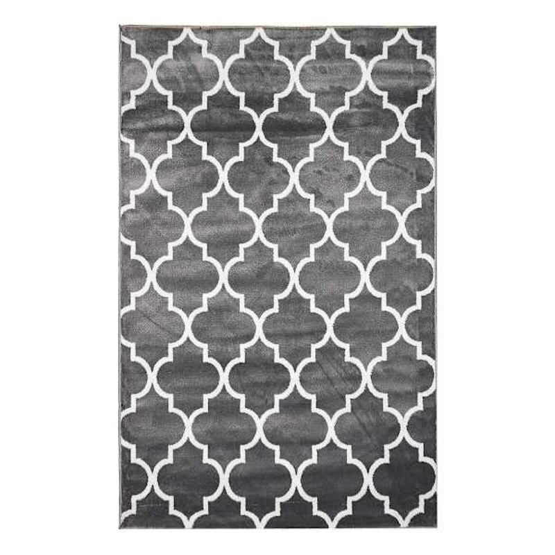 (D394) Dark Grey & White Quatrefoil Design Area Rug, 8×10