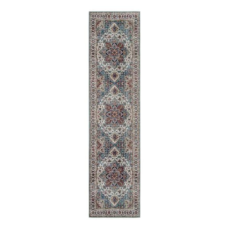 (D448) Chenille Printed Vintage Look Blue Medallion Runner, 2×7