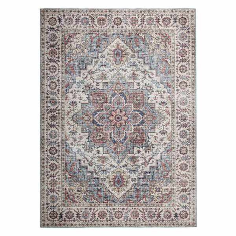 (D448) Found & Fable Chenille Printed Vintage Look Blue Medallion Area Rug, 5×7