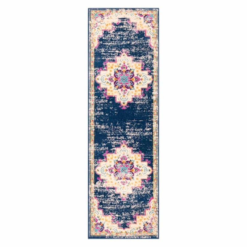 (D494) Found & Fable Floransa Blue & Pink Medallion Runner, 2×7
