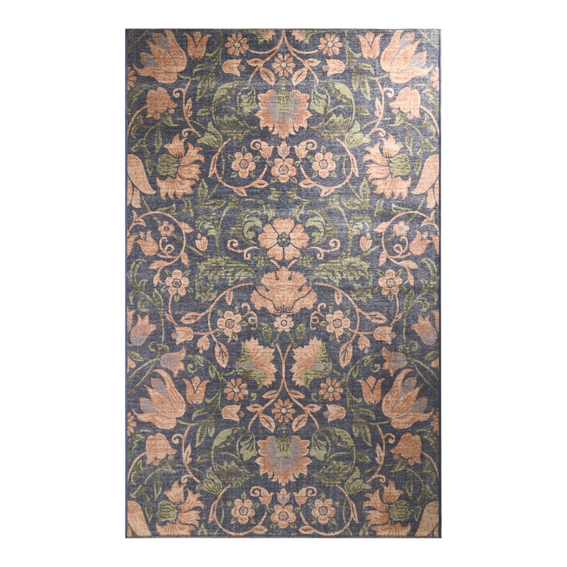 Marisa Navy Blue and Peach Floral Washable Area Rug