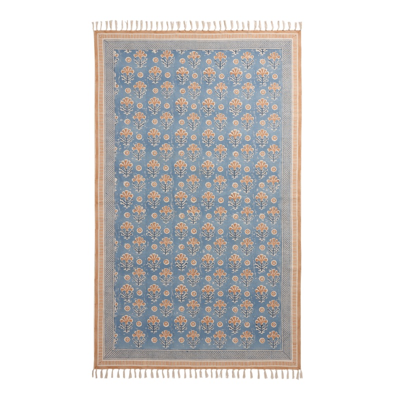 Yasemin Blue and Red Floral Block Print Reversible Area Rug
