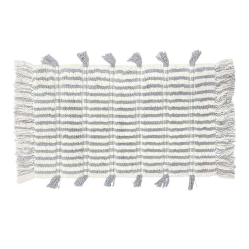 Grey Striped Cotton Bath Rug with Tassels, 20×30