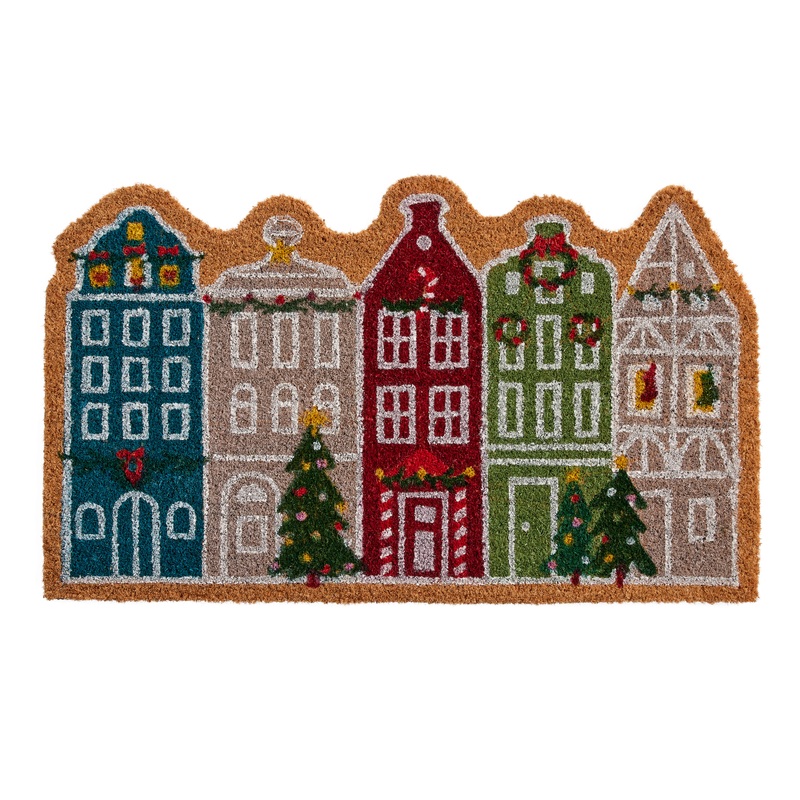 Multicolor Holiday European Houses Coir Doormat