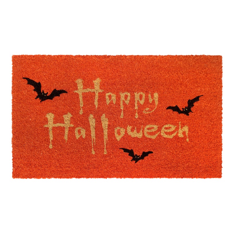 Orange and Black Happy Halloween Bats Coir Doormat