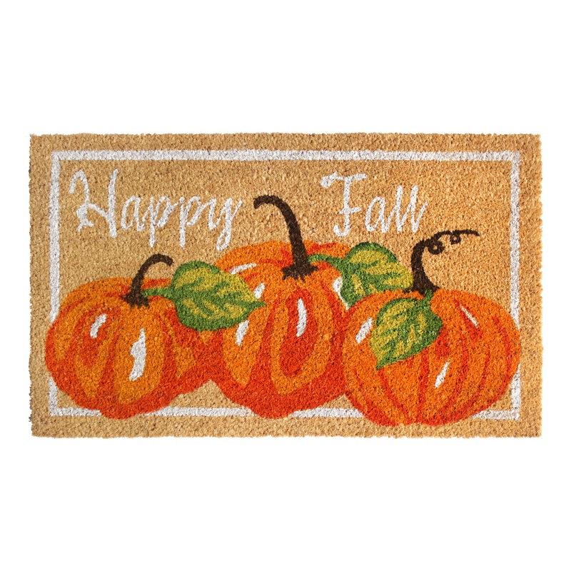 Orange and White Happy Fall Pumpkins Coir Doormat