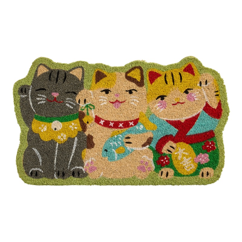 Pink Multicolor Lucky Cat Trio Shaped Coir Doormat