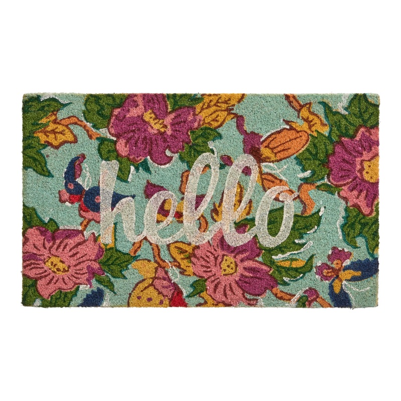 Teal Multicolor Hello Butterfly and Floral Coir Doormat