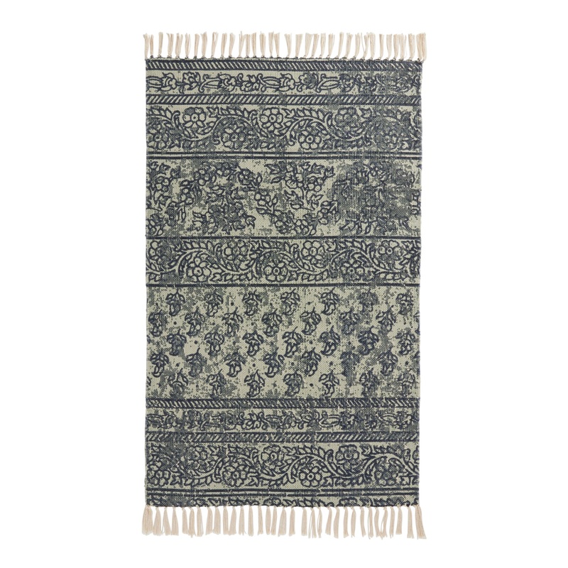 Eden Blue and Ivory Floral Stripe Cotton Area Rug