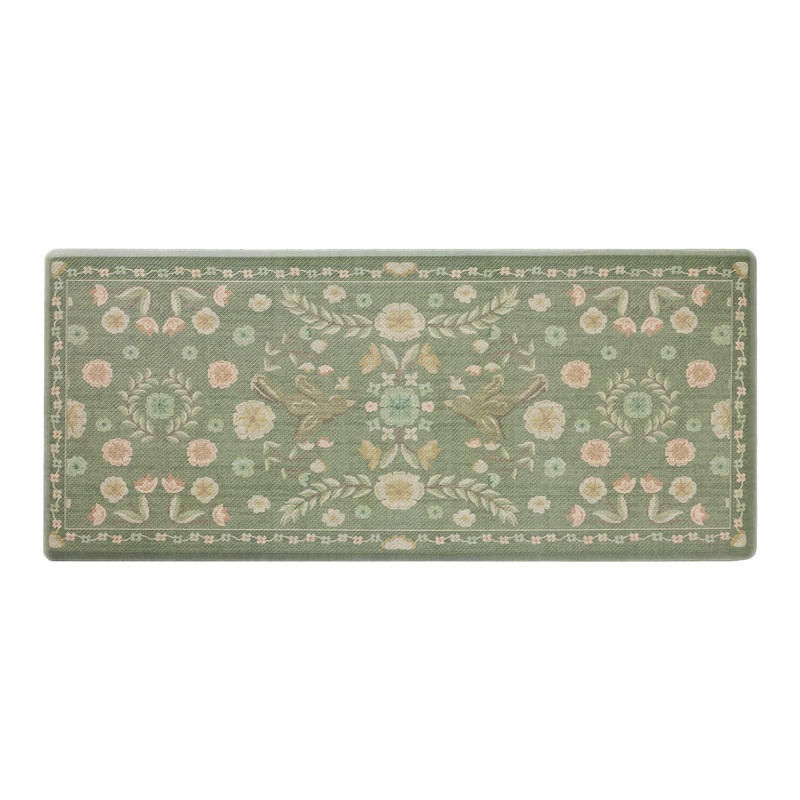 Large Sage Green Bird and Floral Nonslip Kitchen Floor Mat
