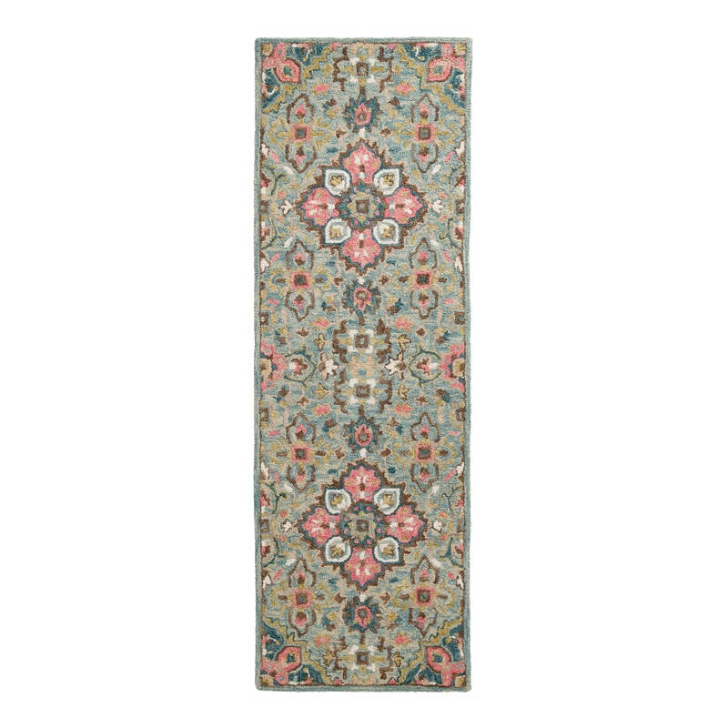 Trellis Sage and Pink Floral Tufted Wool Floor Runner