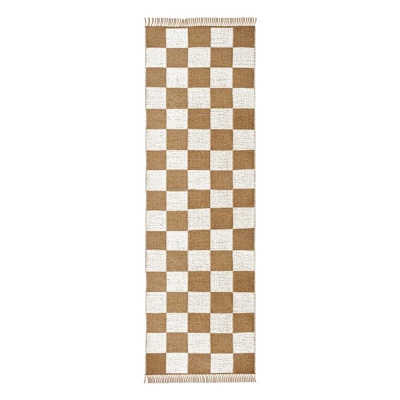 (B871) Honeybloom Brown & Natural Checkered Jute Runner, 2×7