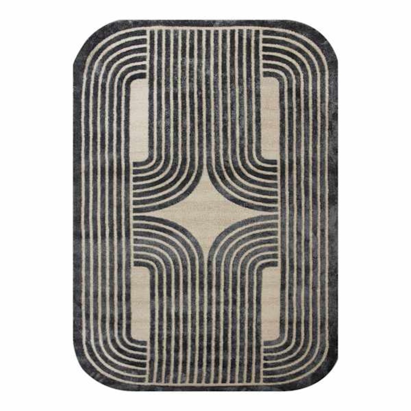 (B894) Black & Beige Oval Geometric Area Rug, 5×7