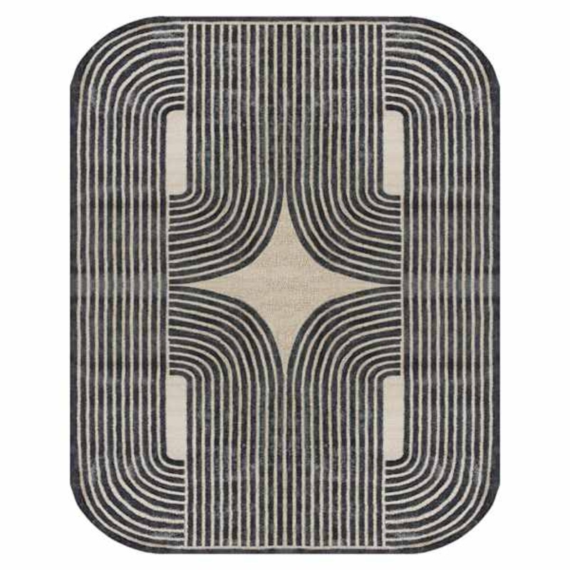 (B894) Black & Beige Oval Geometric Area Rug, 8×10