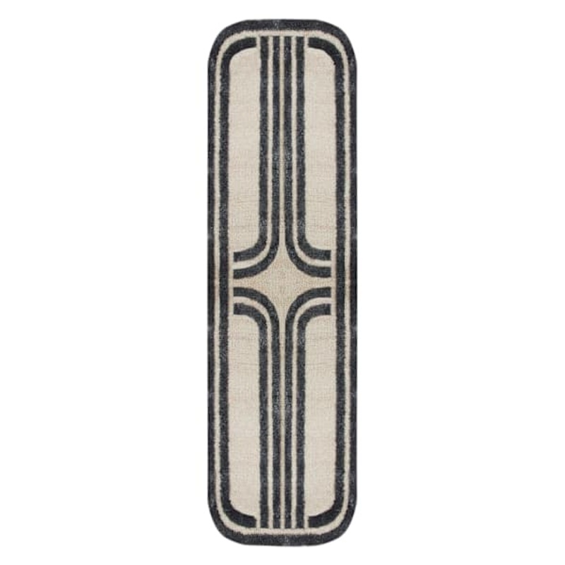 (B894) Black & Beige Oval Geometric Runner, 2×7