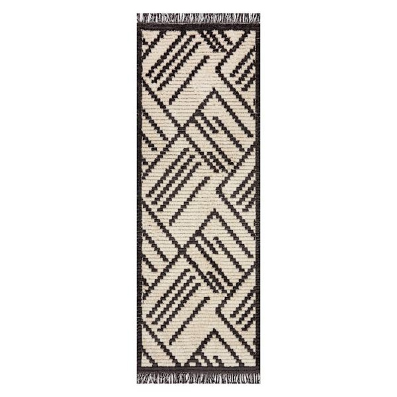 (C161) Tracey Boyd Black & Ivory Fringe Runner, 2×7