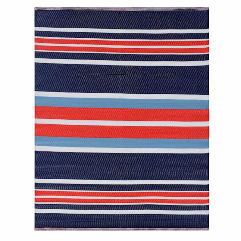 Dark Blue Striped Plastic Outdoor Rug, 5×7
