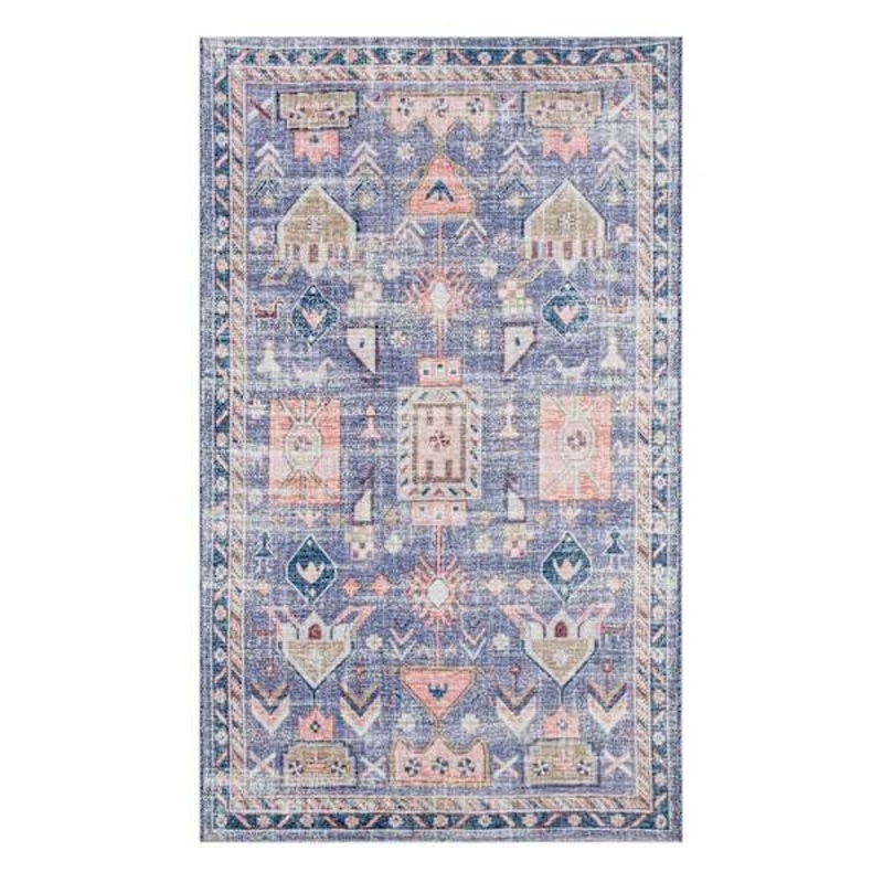 (B828) Blue Floral Medallion Washable Accent Rug, 3×5