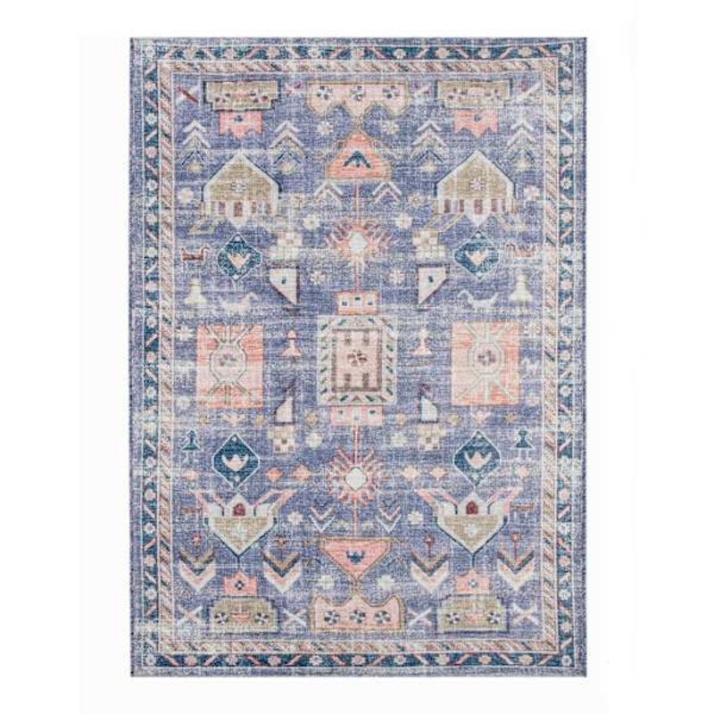 (B828) Blue Floral Medallion Washable Area Rug, 5×7