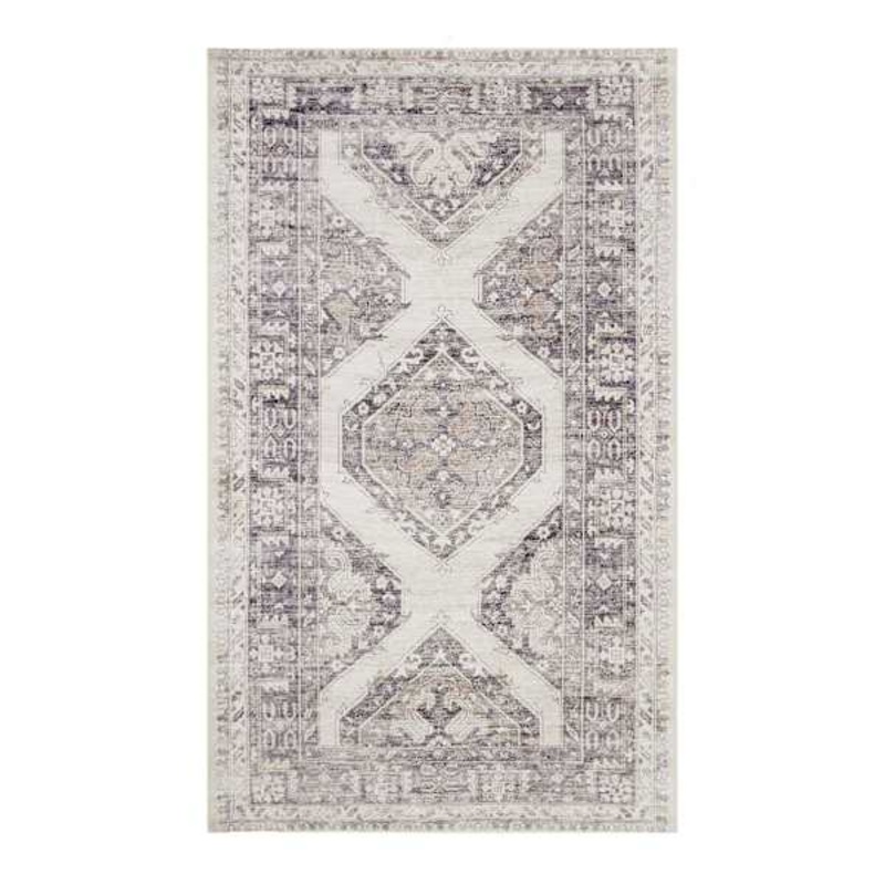 (B829) Grey & White Floral Washable Accent Rug, 3×5