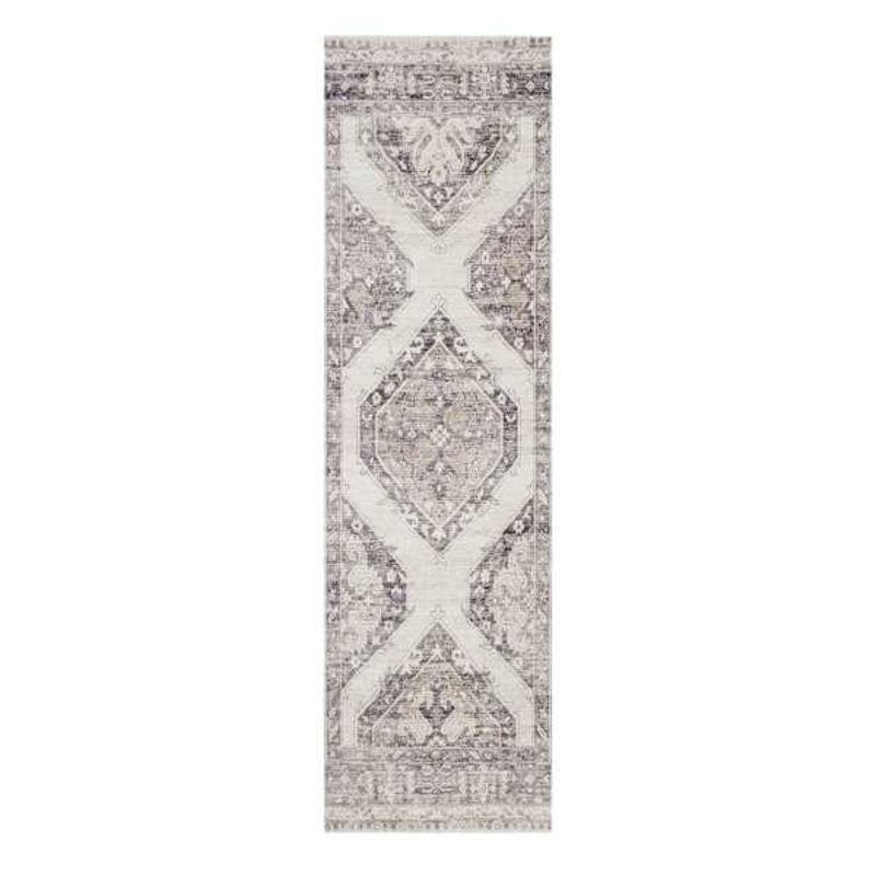(B829) Grey & White Floral Washable Runner, 2×7