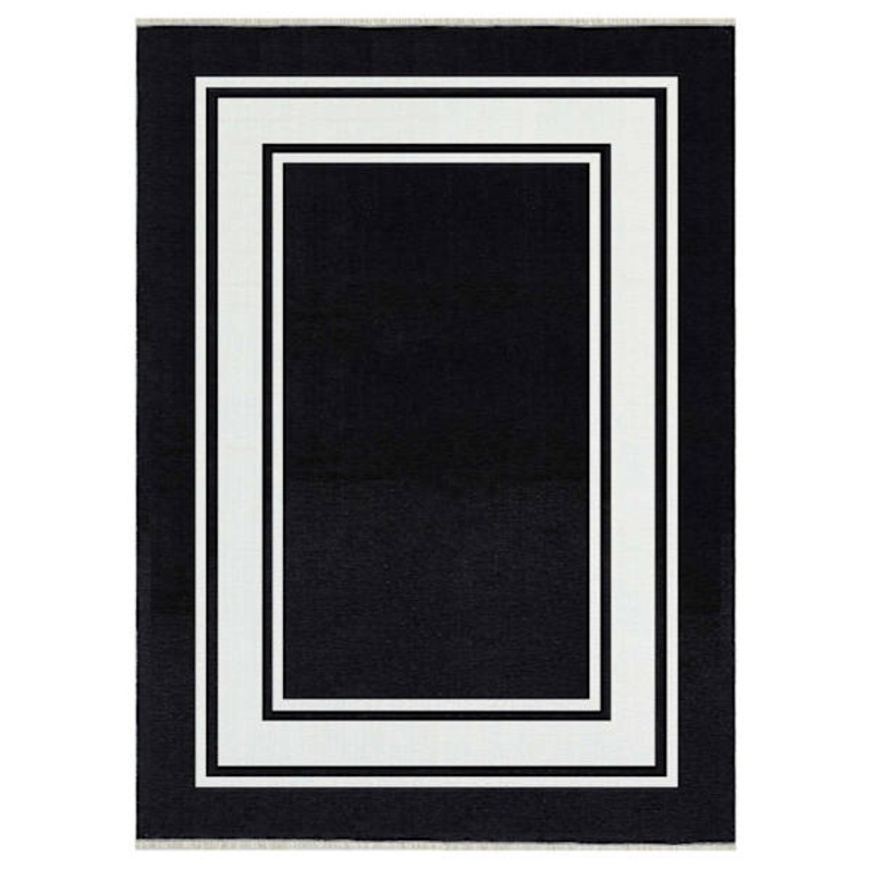 (B842) Noa Black & White Border Washable Area Rug, 5×7