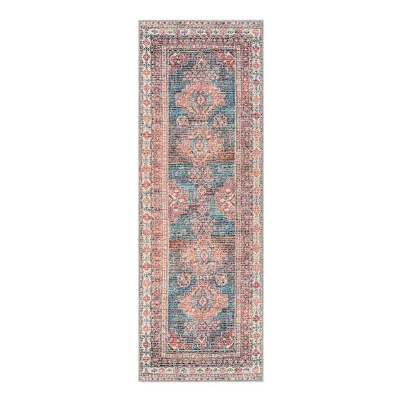 (B859) Colin Red & Blue Multi Medallion Washable Runner, 2×7