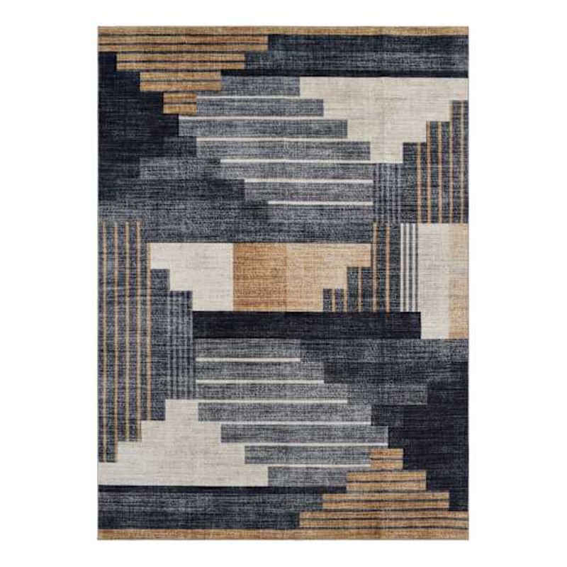 (B874) Crosby St. Dove Navy & Gold Washable Area Rug, 5×7