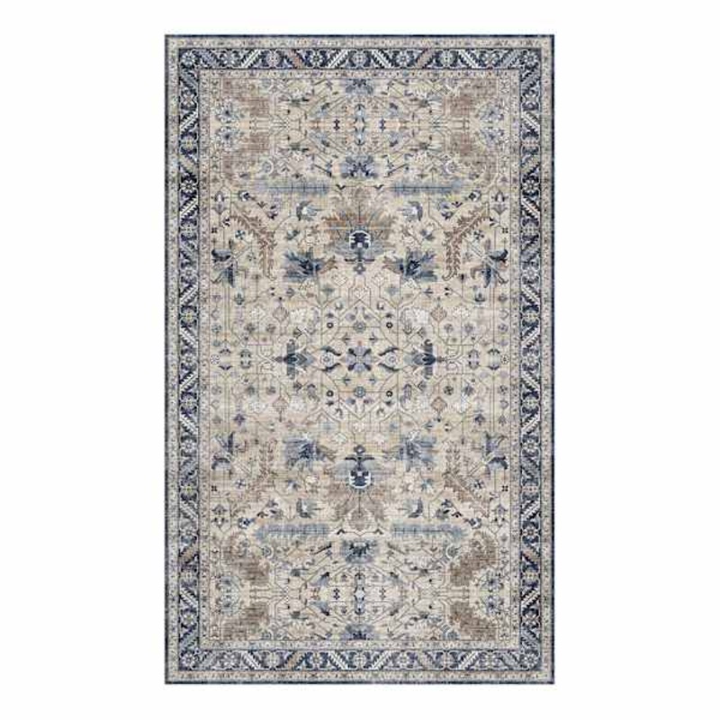(B876) Dove Ivory & Blue Medallion Washable Accent Rug, 3×5