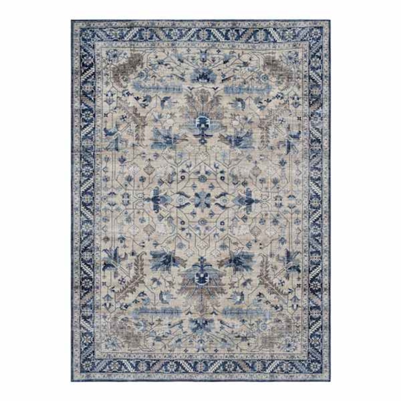 (B876) Dove Ivory & Blue Medallion Washable Area Rug, 5×7