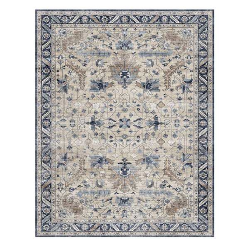 (B876) Dove Ivory & Blue Medallion Washable Area Rug, 8×10