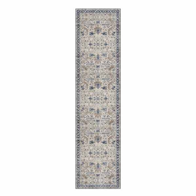 (B876) Dove Ivory & Blue Medallion Washable Runner, 2×8