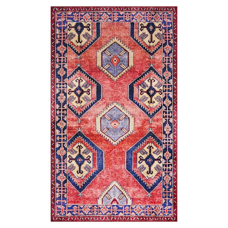 (D565) Freya Red & Blue Medallion Washable Accent Rug, 3×5
