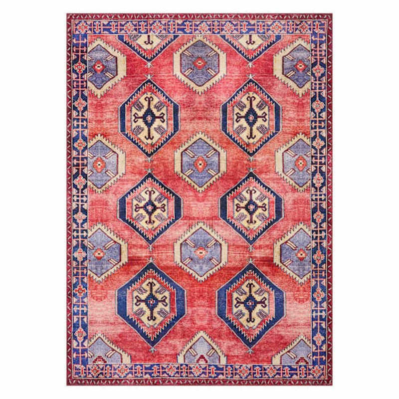 (D565) Freya Red & Blue Medallion Washable Area Rug, 5×7
