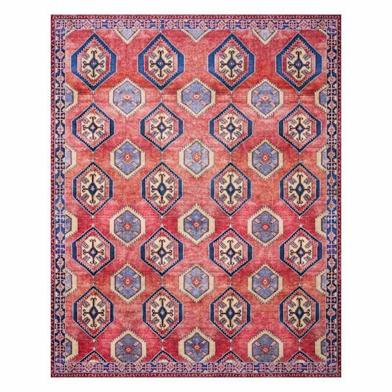 (D565) Freya Red & Blue Medallion Washable Area Rug, 8×10