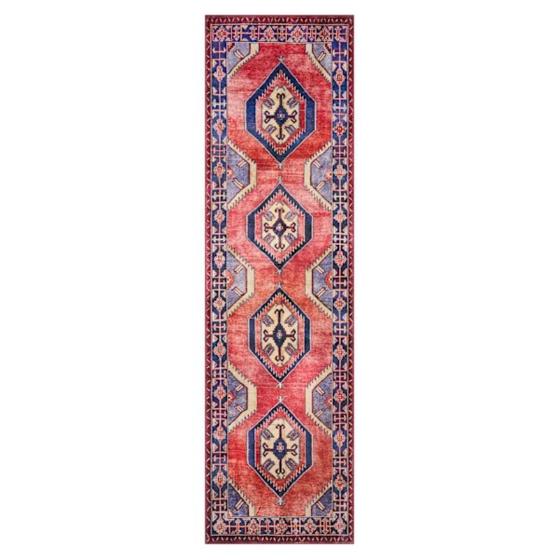 (D565) Freya Red & Blue Medallion Washable Runner, 2×7