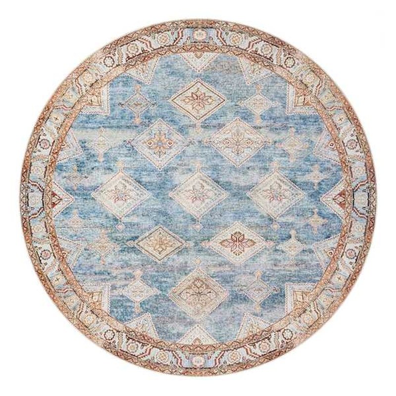 (D569) Freya Blue Multicolor Medallion Washable Round Rug, 6′