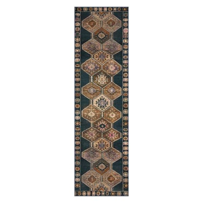 (D571) Freya Black Medallion Washable Runner, 2×7