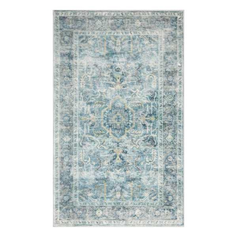 Emerald Aqua Medallion Printed Chenille Washable Accent Rug, 20×34