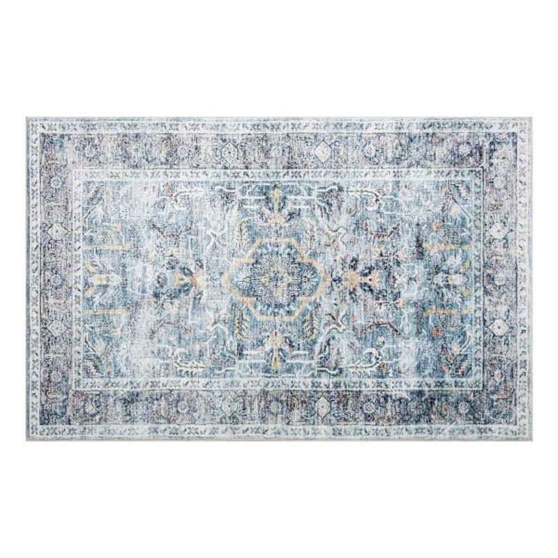 Emerald Aqua Medallion Printed Chenille Washable Accent Rug with Non-Slip Back, 27×45