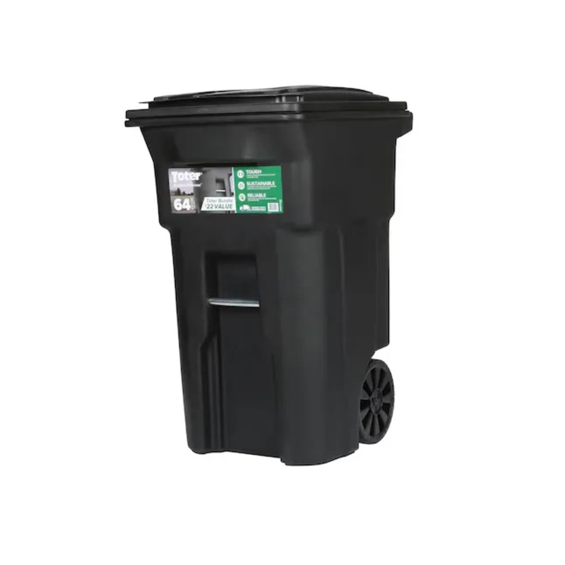 Toter 79264-B0200 64-Gallon Black Plastic Wheeled Indoor/Outdoor Hinged Lid Trash Can