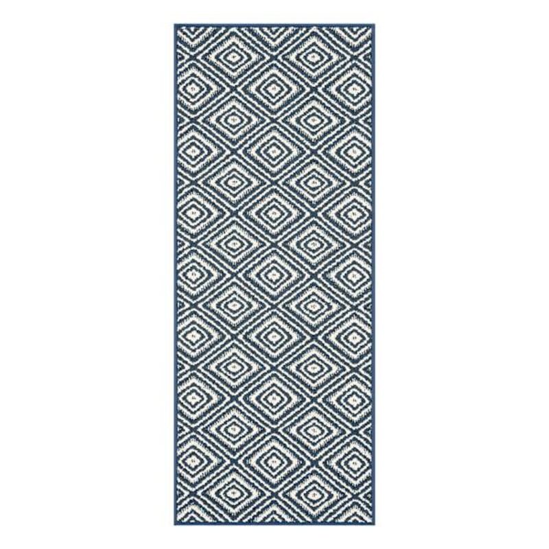 Tristen Navy Blue & Cream Diamond Design Washable Runner, 2×5