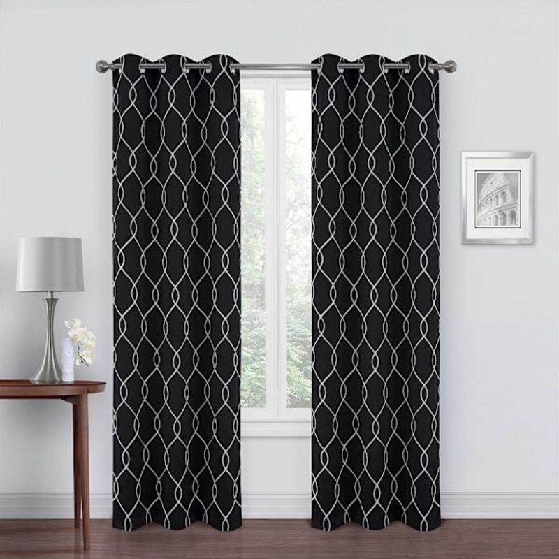 2-Pack Black Embroidered Blackout Grommet Curtain Panels, 84″