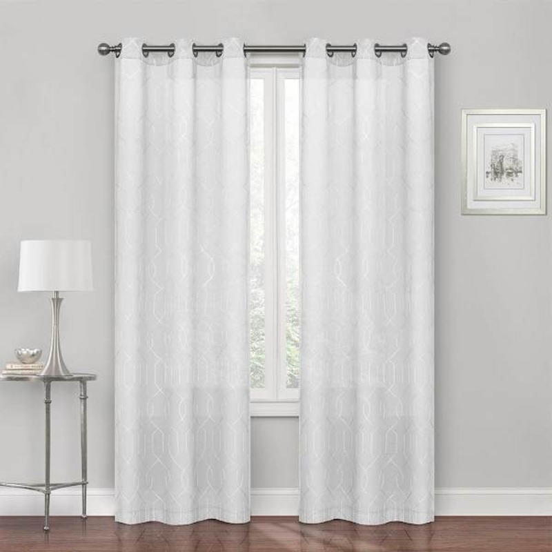 Cayman White Embroidered Sheer Grommet Curtain Panel, 84″