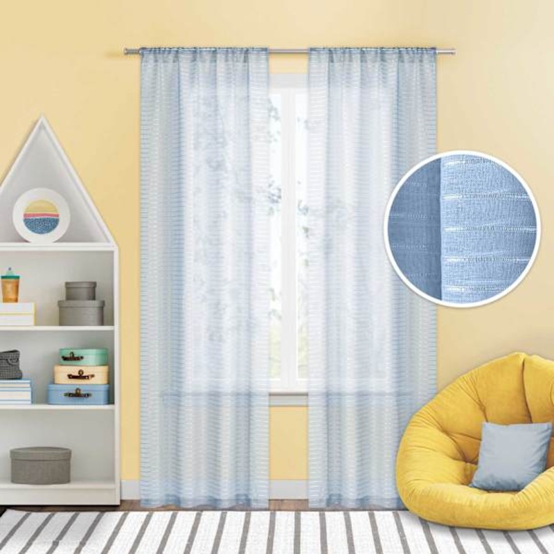 Tiny Dreamers Blue Striped Sheer Curtain Panel, 84″