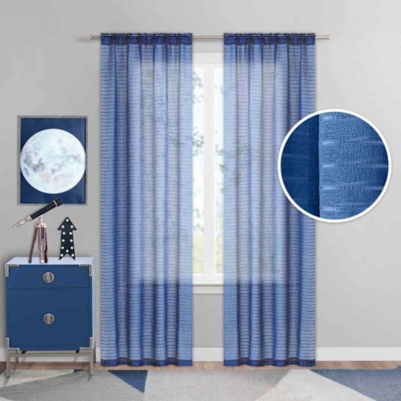 Tiny Dreamers Dark Blue Striped Sheer Curtain Panel, 84″