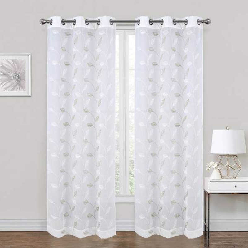White & Green Embroidered Sheer Grommet Curtain Panel, 84″